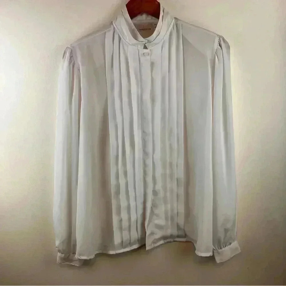 VTG Women's Sz.10 Sheer Puff-Sleeve Blouse White Pleated-Front Victorian